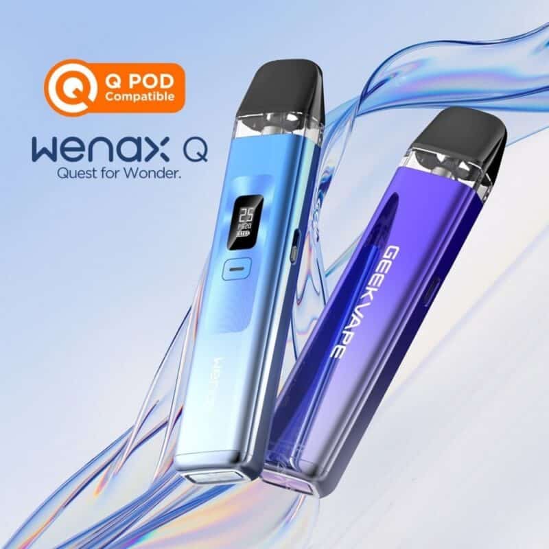 “Geekvape Wenax Q pod vape kit with 1000mAh battery, adjustable 5-25W power, 2ml top-fill pods, and three-level airflow control”